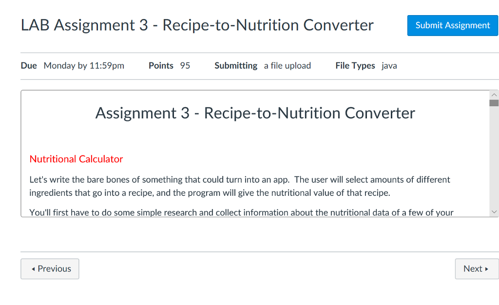 this is Java assignment LAB Assignment 3 - Recipe-to-Nutrition Converter Submit Assignment
