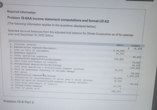 Required Information Problem 13-6AA Income statement computations and format LO A2