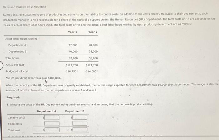  Fixed and Variable Cost Allocation Kumar, Inc, evaluates managers of producing