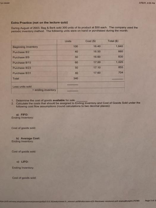 2/19/21,455 PM Extra Practice (not on the lecture quiz) During August