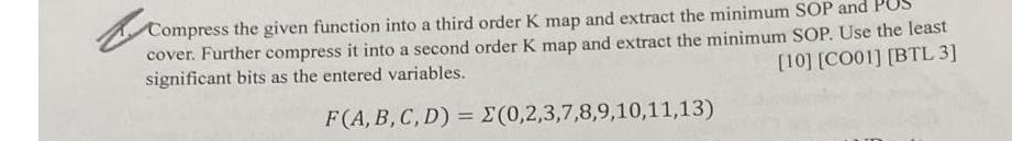  Compress the given function into a third order K map and