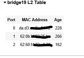 bridge10 L2 Table Port MAC Address Age 1 da.d3e 271 1 620b79