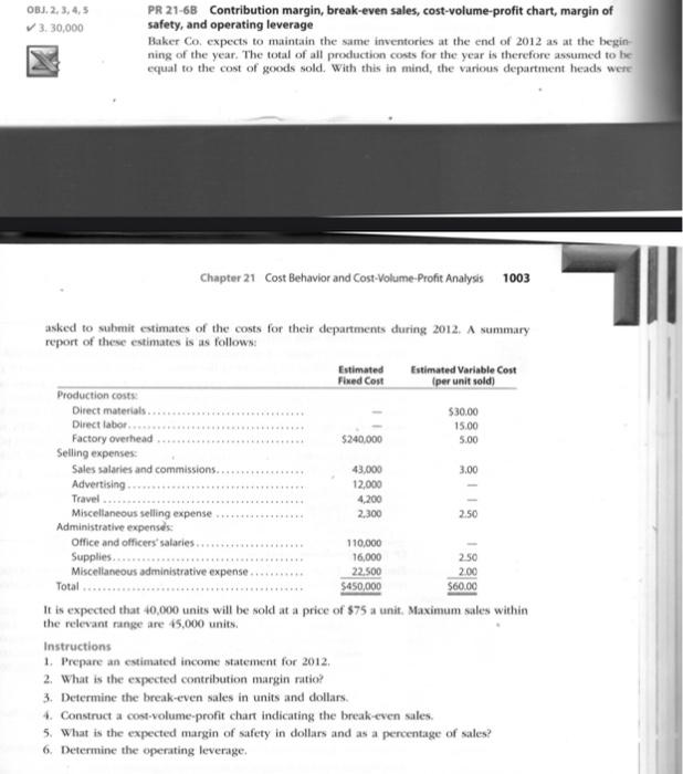  OBJ. 2, 3, 4, 5 3.30,000 PR 21-6B Contribution margin, break-even