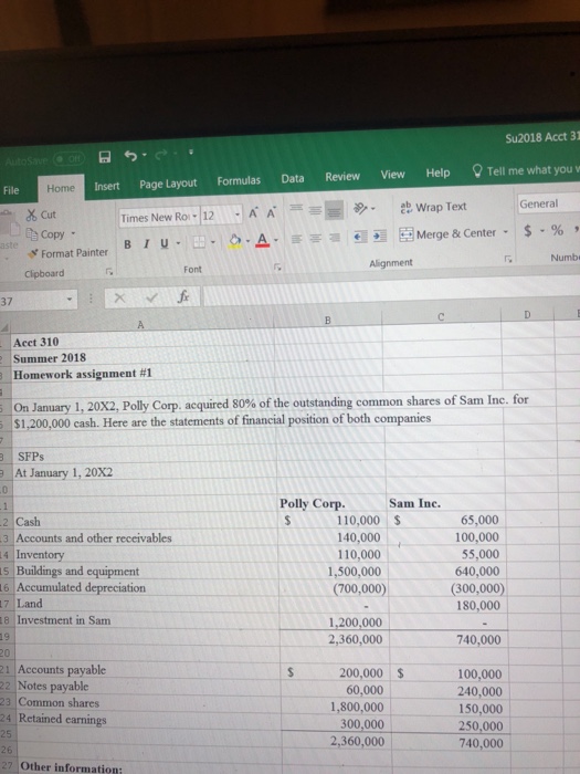  Su2018 Acct 31 Insert Page Layout Formulas Data Review View Help