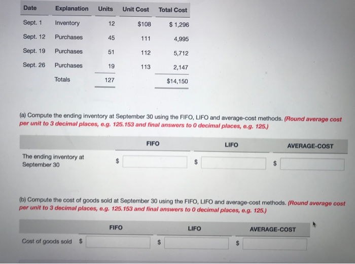  Date Explanation Units Unit Cost Total Cost Sept. 1 Inventory 12