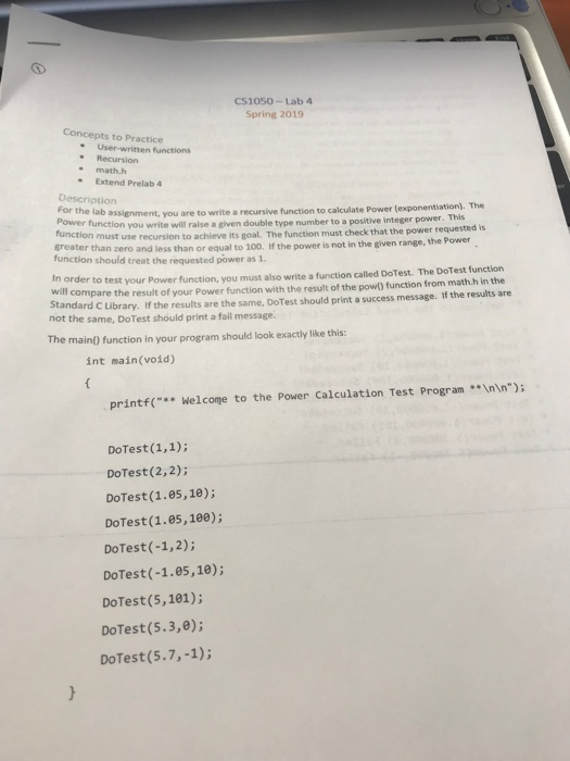  Code in c CS1050-Lab 4 Spring 2019 Concepts to Practice .Recursion