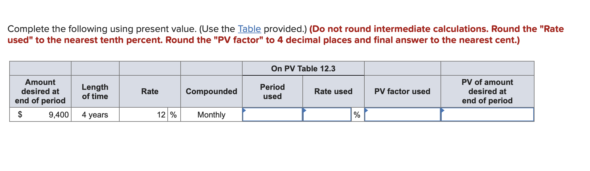  Complete the following using present value. (Use the Table provided.) (Do