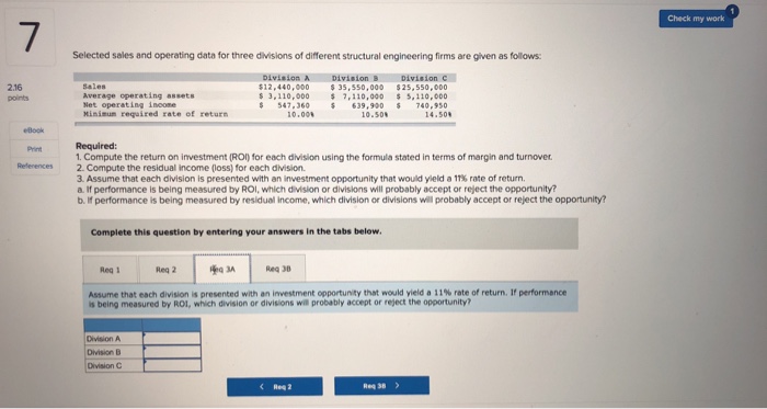 LO11-1, L011-2] 2.16 points Selected sales and operating data for three divisions