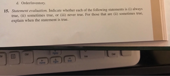  Ch 12 d. Order/inventory 15. Statement evaluation. Indicate whether each of