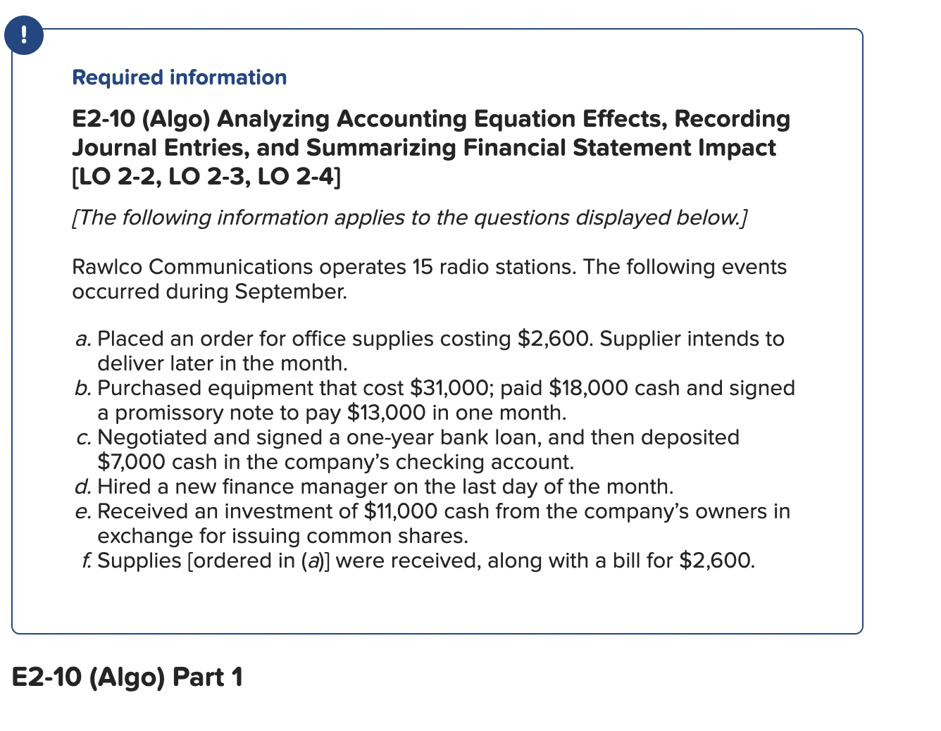  Required information E2-10 (Algo) Analyzing Accounting Equation Effects, Recording Journal Entries,