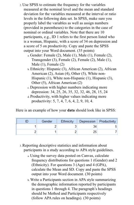  2. Use SPSS to estimate the frequency for the variables measured