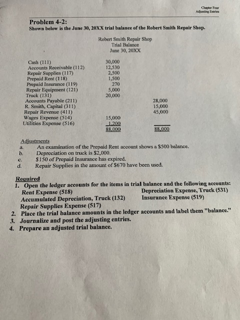 Chapter Four Problem 4-2: Shown below is the June 30, 20XX
