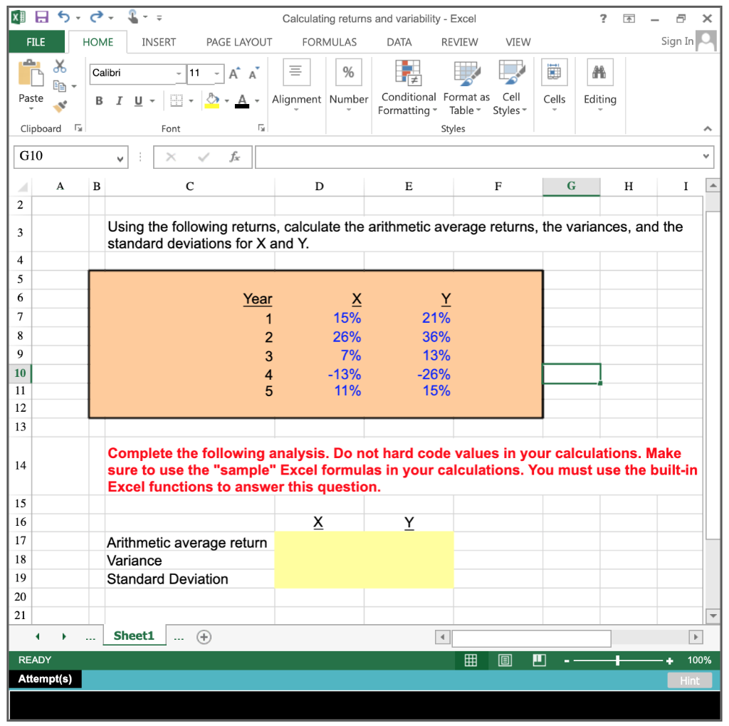  Calculating returns and variability - Excel ? X FILE HOME INSERT