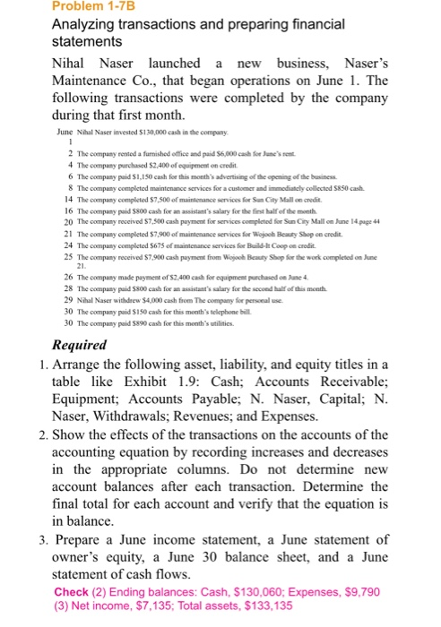  1 Problem 1-7B Analyzing transactions and preparing financial statements Nihal Naser