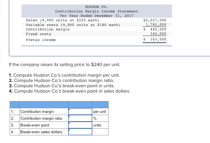 HUDSON CO. Contribution Margin Income Statement For Year Ended December 31,