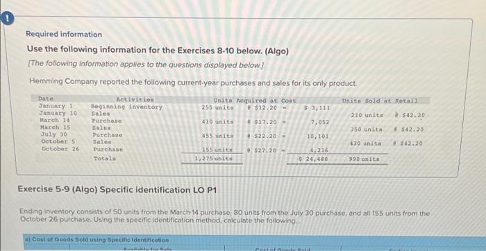Exercise 5-9 Algo Specific identification LO P1 O Required information Use the