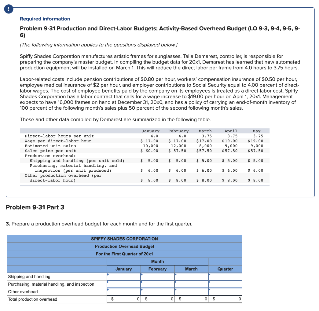  Problem 9-31 Production and Direct-Labor Budgets; Activity-Based Overhead Budget (LO 9-3,