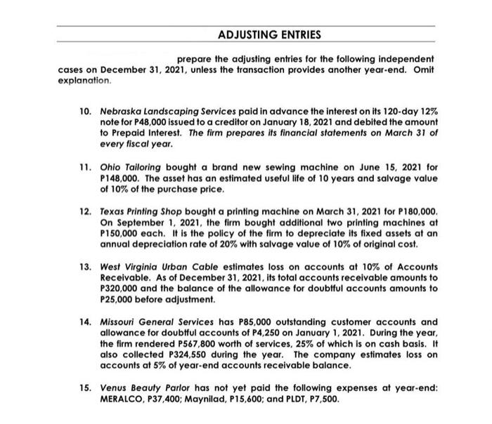 adjusting entries for the following independent cases on December 31, 2021, unless