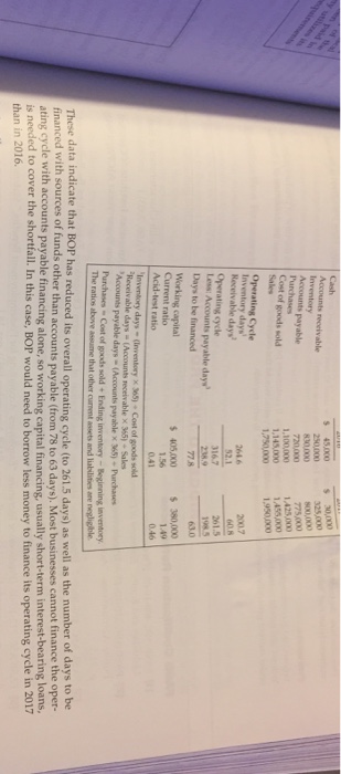 the operating cycle worksheet, along with the working capital and ratio analysis.