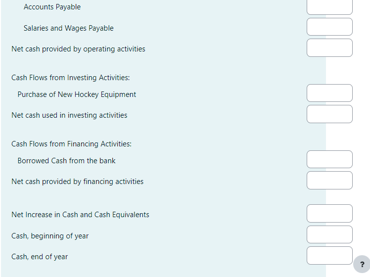 Please answer this question: Accounts Payable Salaries and Wages Payable Net cash