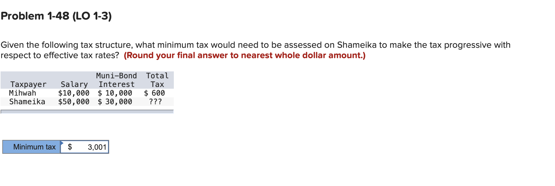 Problem 1-48 (LO 1-3) Given the following tax structure, what minimum
