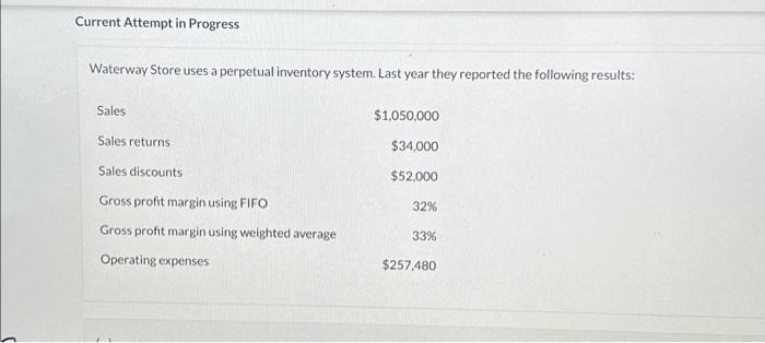  Current Attempt in Progress Waterway Store uses a perpetual inventory system.
