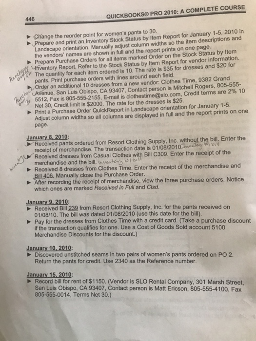  446 QUICKBOOKS PRO 2010: A COMPLETE COURSE Change the reorder point