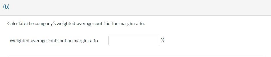  Calculate the company's weighted-average contribution margin ratio. Weighted-average contribution margin ratio