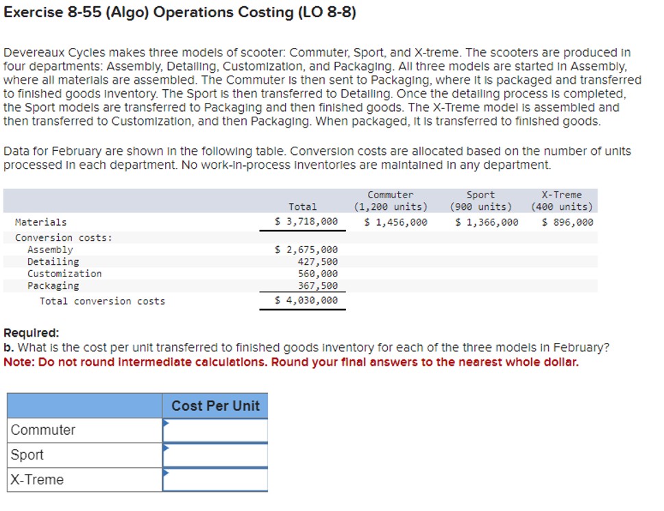 Exercise 8-55(Algo) Operations Costing (LO 8-8) Devereaux Cycles makes three models