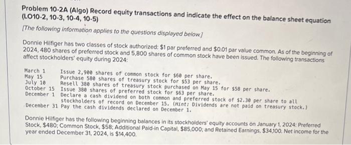  Problem 10-2A (Algo) Record equity transactions and indicate the effect on