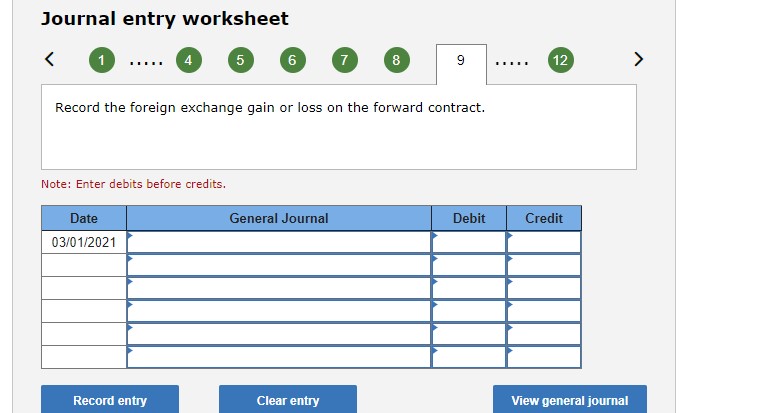 the forward contract. Note: Enter debits before credits. Journal entry worksheet Record