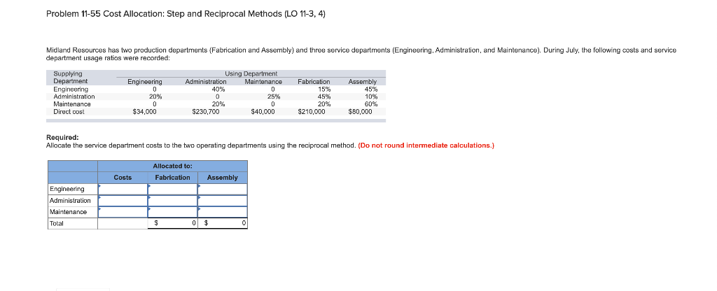 Problem 11-55 Cost Allocation: Step and Reciprocal Methods (LO 11-3, 4)