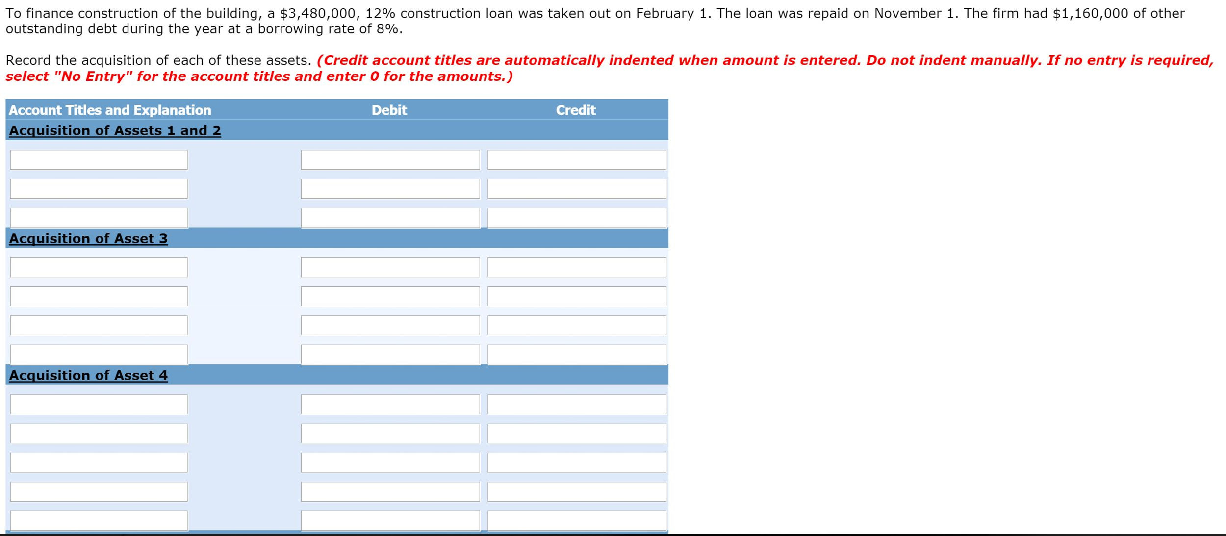 Industries purchased the following assets and constructed a building as well. All