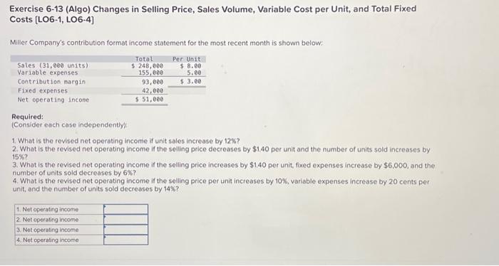 Exercise 6-13 (Algo) Changes in Selling Price, Sales Volume, Variable Cost