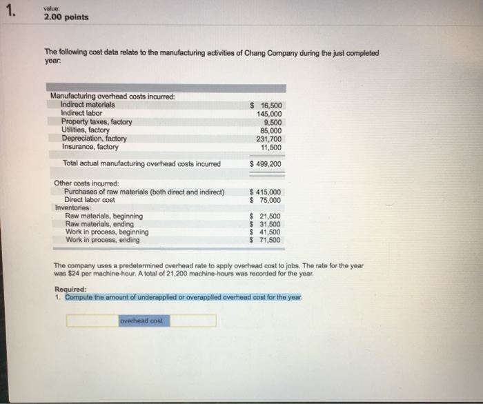  value: 2.00 points The following cost data relate to the manufacturing