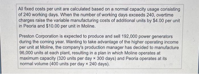 unit are calculated based on a normal capacity usage consisting of 240