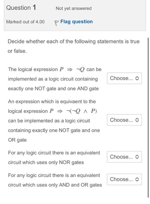 4 MC question about propositional logic and logic circuits Decide whether each