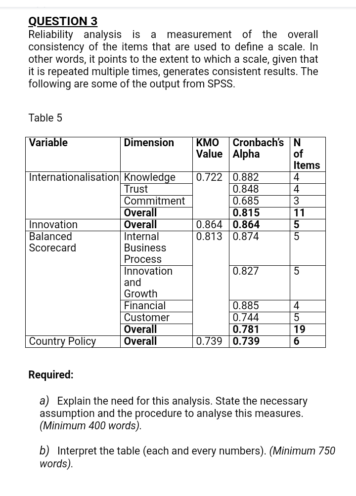 Subject: QUANTITATIVE METHODS FOR BUSINESS RESEARCH QUESTION 3 Reliability analysis is a
