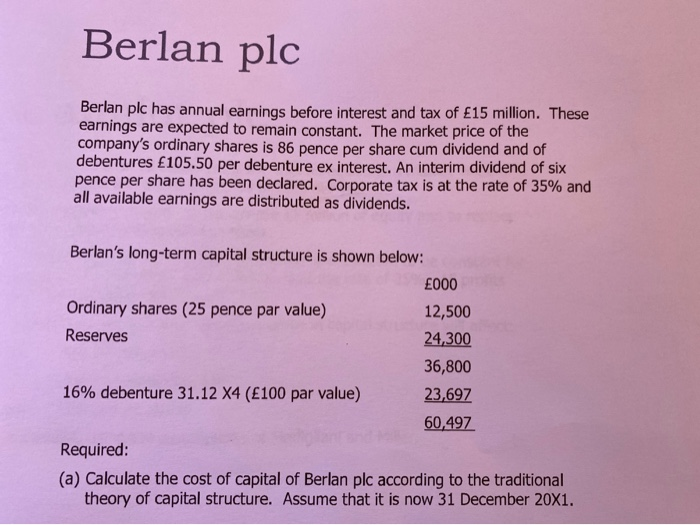  Berlan plc Berlan plc has annual earnings before interest and tax
