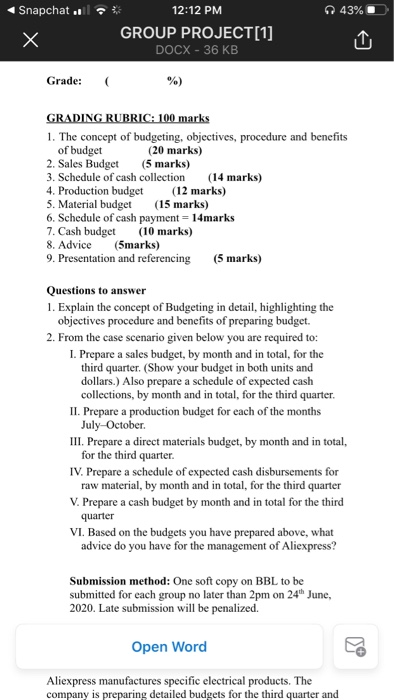  Snapchat . 43% 12:12 PM GROUP PROJECT[1] DOCX - 36 KB