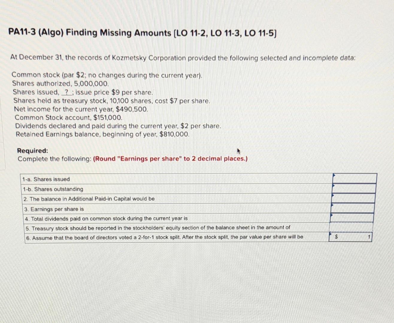  PA11-3 (Algo) Finding Missing Amounts [LO 11-2, LO 11-3, LO 11-5]