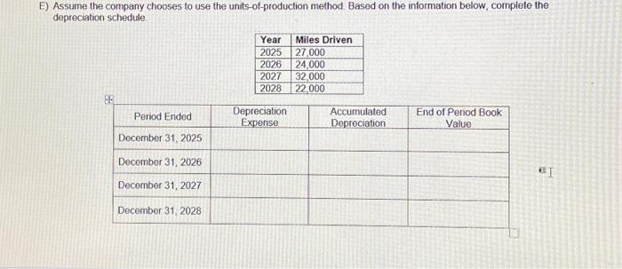  E) Assume the company chooses to use the units-of-production method. Based