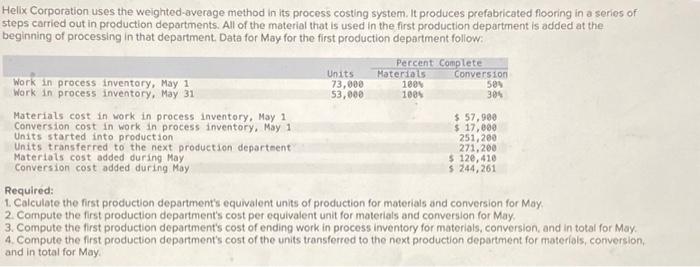  Helix Corporation uses the weighted-average method in its process costing system.