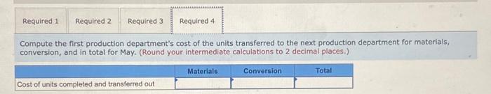for May for the first production department follow: Work in process inventory,