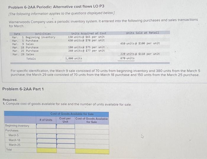  PLEASE HELP!!! Problem 6-2AA Periodic: Alternative cost flows LO P3 [The