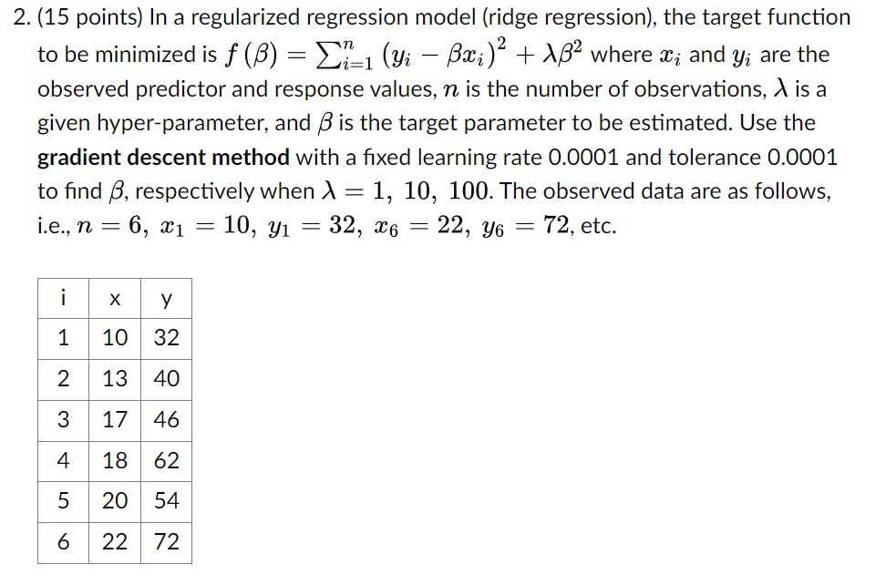 Using Python: 2. (15 points) In a regularized regression model (ridge regression),