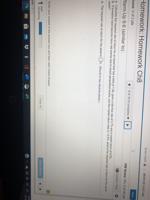  Drew Fields Homework: Homework Ch8 09/01/2012:01 AM Save Score: 0 of