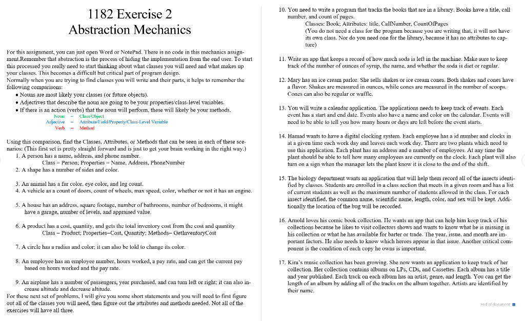 1182 Exercise 2 Abstraction Mechanics For this assignment, you can just