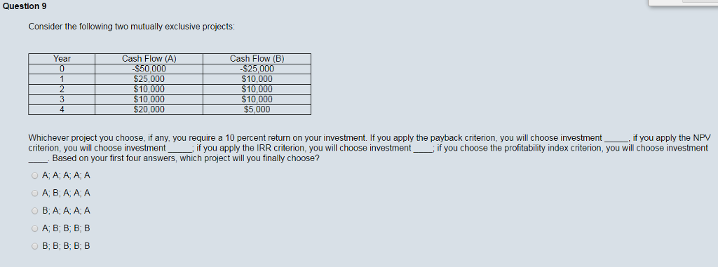  Consider the following two mutually exclusive projects: Whichever project you choose,
