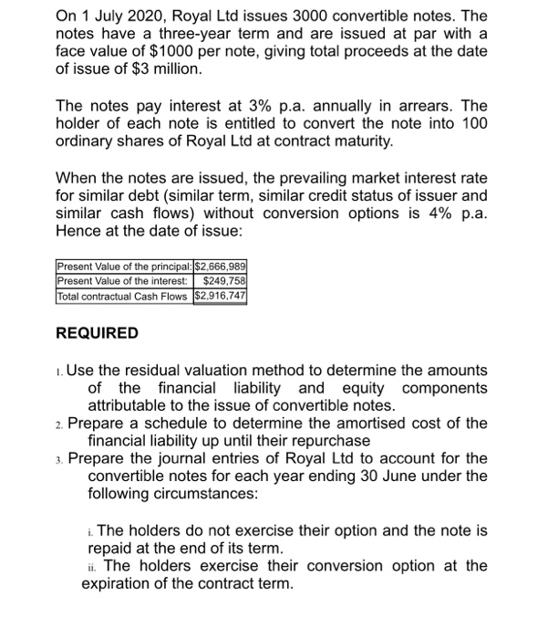  On 1 July 2020, Royal Ltd issues 3000 convertible notes. The